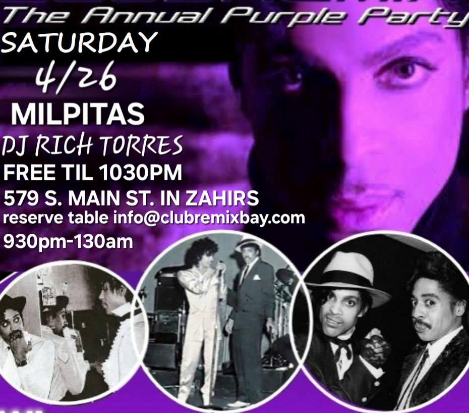 This is a picture of prince and a fake drink called Purple rain with a bottle of Titos bottle prince has his guitar and a light blue jacket on and orange shirt This Prince in a Purple outfit hat smirking with his guitar in the band back ground with getting ready to perform with on April 26 2025 the Princes Purple Party the lettering is in Purple and Black and white writing. April 26, 2025, Weekend WITH CHUY GOMEZ AND the Purple Party Dj Richard Torrez in the Mix playing all Princes Jams PRE SALE-IS ALMOST FULL!!!!! RESERVE TABLE and BOTTLE service! Saturday @ Zahirs | Dance & Party Spot in Milpitas Grown & Sexy Old School, Club Hits, Dancing 579 S. Main St. Milpitas Ca 95035 Saturday Zahirs Bistro 579 S. Main St. Milpitas Ca 95035 Milpitas’s Old School Throwback Spot with DJ Richard Torrez in the Mix playing all Princes Jams. at Zahirs Bistro 579 S. Main St. Milpitas Ca 95035 The only Saturday Night Spot to Dine and Dance the night away