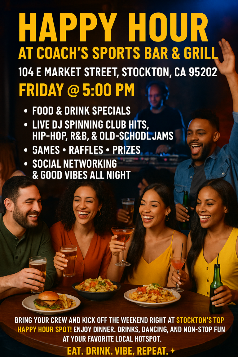 […] Coming May 16th Coaches Lounge Happy Hour Flashback Fridays.5pm -10pm Good food, Good drinks, Good vibes. While listening to all your favorite flashback hits! No Cover Charge. 104 E Market street Stockton California. This is a happy hour flash back event for the Stockton area. "Flyer for a Saturday night event at Coaches 104 E. market Street. Stockton California. Features a vibrant background with a Latino woman dancing with an African American man, surrounded by a lively crowd with hands in the air. A DJ in the right corner waves to the crowd, while a bartender or server brings food and drinks to a table. Promotes ‘The Grown Folks Party’ with club hits, hip-hop, R&B, and old-school music from back in the day and today’s hits. A fun and energetic atmosphere inviting guests to bring a friend and enjoy the night