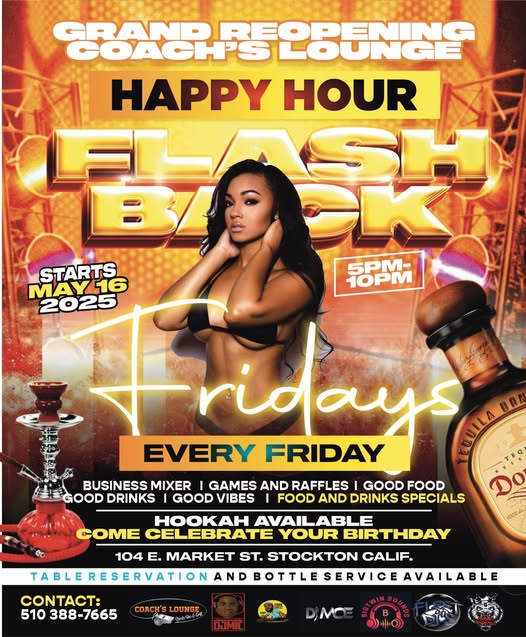 Coaches Lounge Happy Hour Flashback Fridays.5pm -10pm Good food, Good drinks, Good vibes. While listening to all your favorite flashback hits! No Cover Charge. 104 E Market street Stockton California. This is a happy hour flash back event for the Stockton area. "Flyer for a Saturday night event at Coaches 104 E. market Street. Stockton California. Features a vibrant background with a Latino woman dancing with an African American man, surrounded by a lively crowd with hands in the air. A DJ in the right corner waves to the crowd, while a bartender or server brings food and drinks to a table. Promotes ‘The Grown Folks Party’ with club hits, hip-hop, R&B, and old-school music from back in the day and today’s hits. A fun and energetic atmosphere inviting guests to bring a friend and enjoy the night."